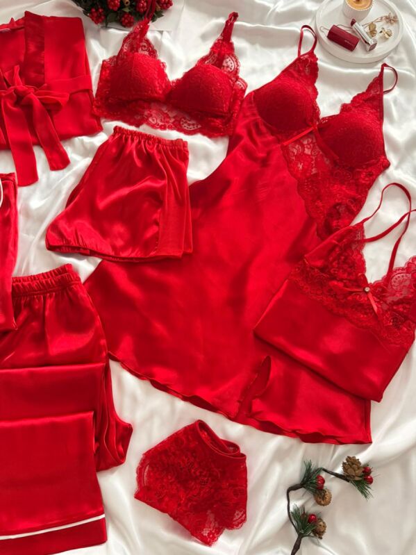 Kırmızı 8 Parça Dev Sabahlıklı Çeyiz Seti 7082 - 2