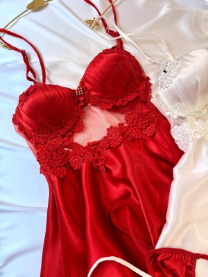 Kırmızı & Beyaz Güpürlü Gecelik Seti 6962 - ÇeyizeDairHerşey (1)