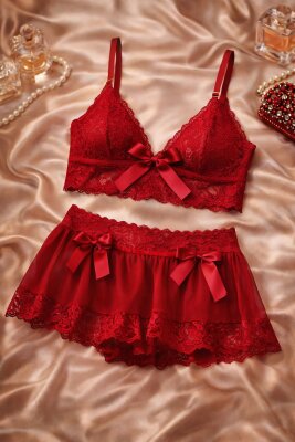 Kırmızı Dantel Etekli Bralet Takım 7124 - ÇeyizeDairHerşey