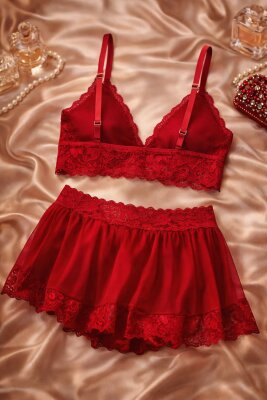Kırmızı Dantel Etekli Bralet Takım 7124 - ÇeyizeDairHerşey (1)