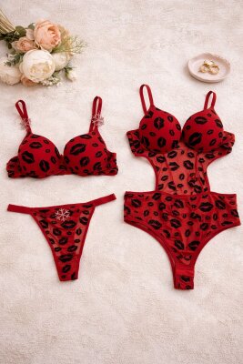 Kırmızı Siyah Dudak Desenli İki Parçalı Fantazi Lingerie Set – Sütyen & Tanga + Tek Parça Bodysuid 7080 - ÇeyizeDairHerşey
