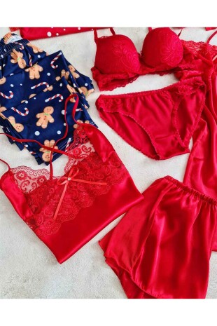 Kırmızı 8 li gecelik, sabahlı, pijama çeyiz seti 6568 - 4