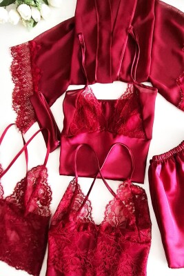  La Rozita Special Burgundy 5 Li Saten Şifon Çeyiz Seti 6845 - ÇeyizeDairHerşey (1)
