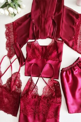  La Rozita Special Burgundy 5 Li Saten Şifon Çeyiz Seti 6845 - 5