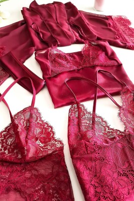  La Rozita Special Burgundy 5 Li Saten Şifon Çeyiz Seti 6845 - 8