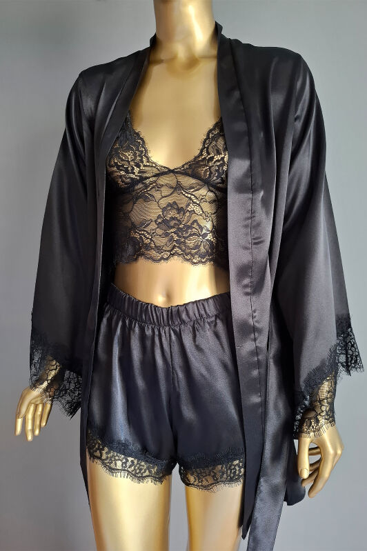  La Rozita Special Black Saten Dantel Fantazi 3 lü çeyiz seti 6855 - 4