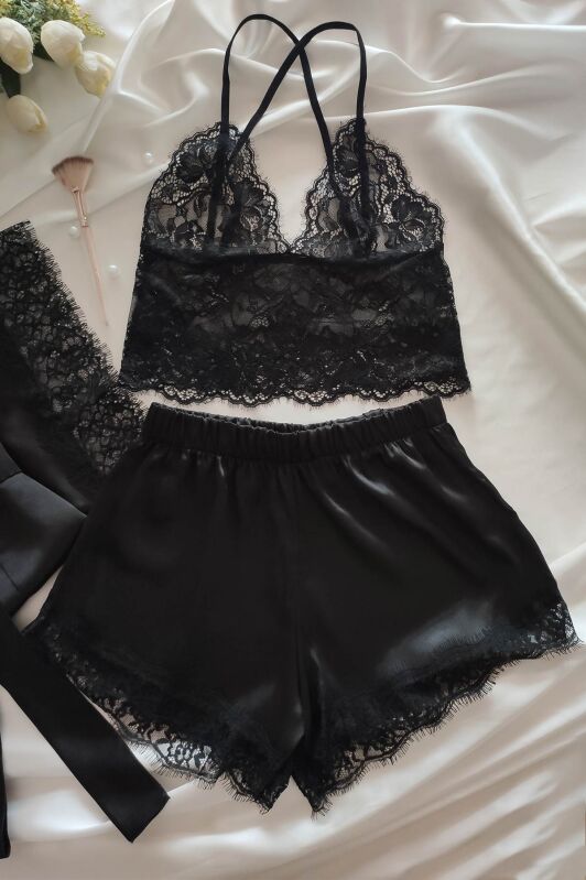  La Rozita Special Black Saten Dantel Fantazi 3 lü çeyiz seti 6855 - 2