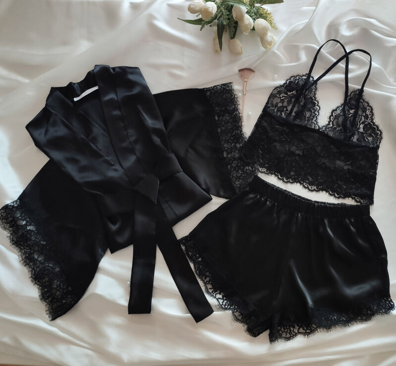  La Rozita Special Black Saten Dantel Fantazi 3 lü çeyiz seti 6855 - 1