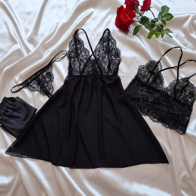  La Rozita Special Black Şifon Dantel Fantazi 4 lü çeyiz seti 6854 - ÇeyizeDairHerşey