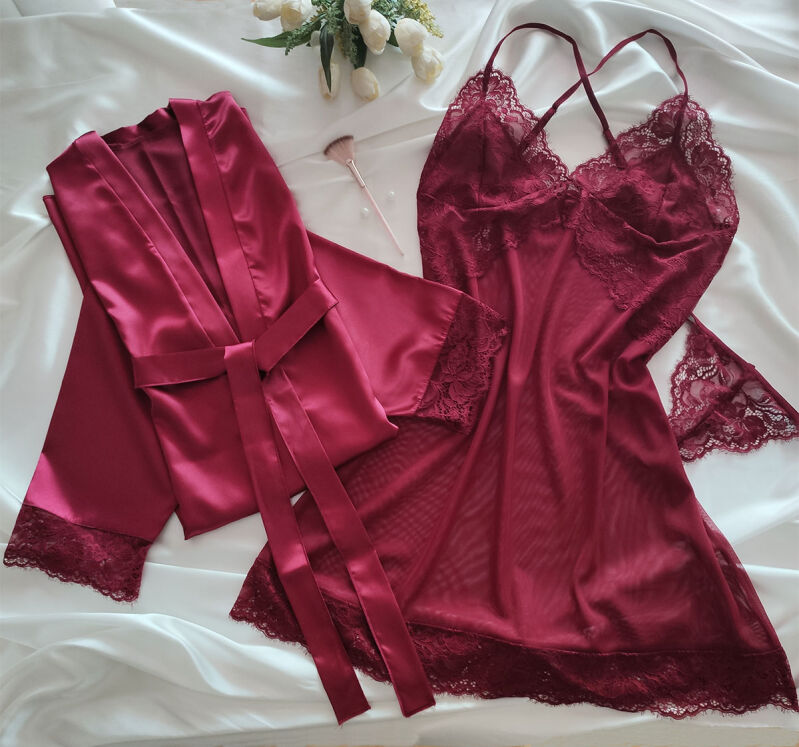  La Rozita Special Burgundy 3 lü Saten Şifon Çeyiz Seti 6853 - 1