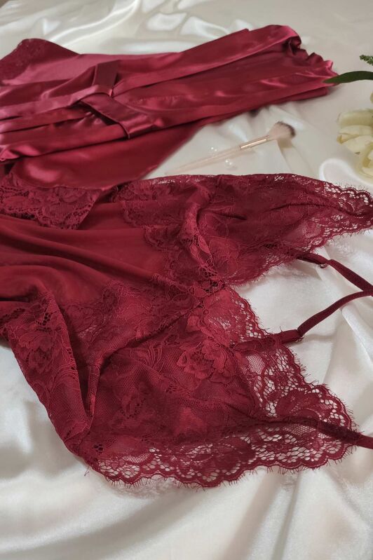  La Rozita Special Burgundy 3 lü Saten Şifon Çeyiz Seti 6853 - 2