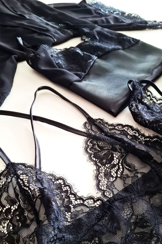 La Rozita Special Black 5 Li Saten Şifon Çeyiz Seti 6843 - 6