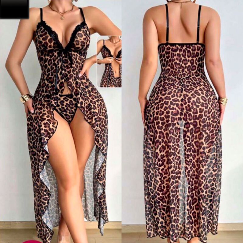 Leopar Tutkusu Dantel Detaylı Gecelik Takımı 7093 - 1