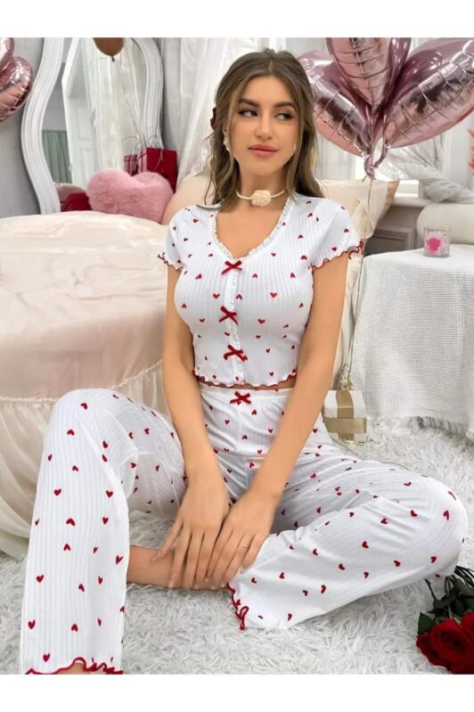Love Bloom Red Crop model KISA KOLLU Pijama Takımı 6848 - 1