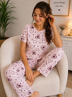 Lovely Hearts Kısa Kollu Yazlık Pijama Takımı 7201 - ÇeyizeDairHerşey