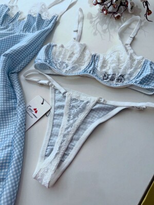 Luna Charm Blue 3 Parça Gecelik ve Bralet seti 6877 - 3