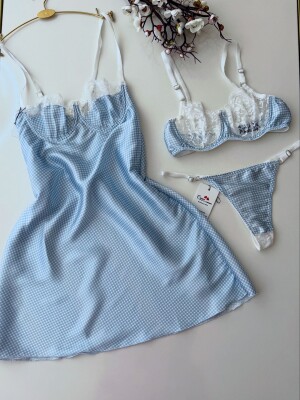Luna Charm Blue 3 Parça Gecelik ve Bralet seti 6877 - ÇeyizeDairHerşey