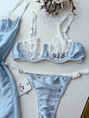 Luna Charm Blue 3 Parça Gecelik ve Bralet seti 6877 - 4