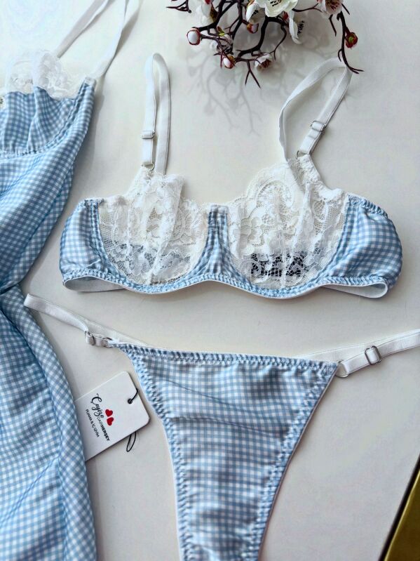 Luna Charm Blue 3 Parça Gecelik ve Bralet seti 6877 - 4