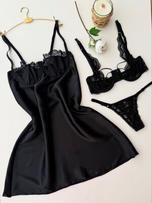 Luna Charm Black 3 Parça Gecelik ve Bralet seti 6881 - ÇeyizeDairHerşey