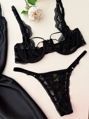 Luna Charm Black 3 Parça Gecelik ve Bralet seti 6881 - ÇeyizeDairHerşey (1)
