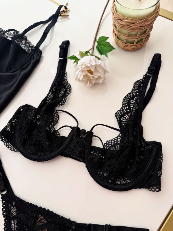 Luna Charm Black 3 Parça Gecelik ve Bralet seti 6881 - 3