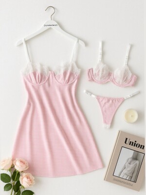 Luna Charm Ekose Desenli Pembe 3’lü Gecelik Seti - ÇeyizeDairHerşey