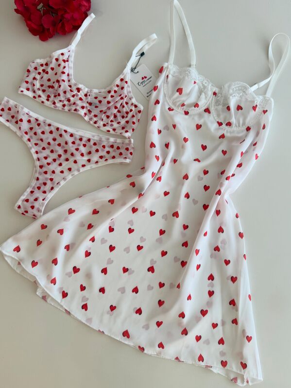 Luna Charm Kalpli Saten Gecelik 3 Parça Gecelik ve Bralet seti 6895 - 1