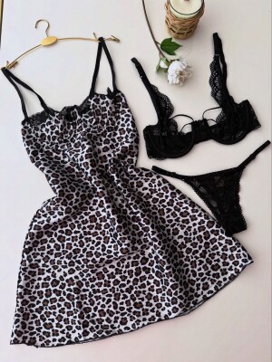 Luna Charm Leopar 3 Parça Gecelik ve Bralet seti 6885 - ÇeyizeDairHerşey