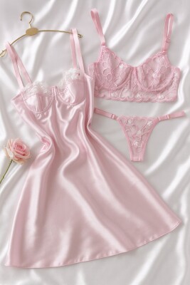 Luna Charm Pink Saten Gecelik 3 Parça Gecelik ve Bralet seti 6953 - ÇeyizeDairHerşey