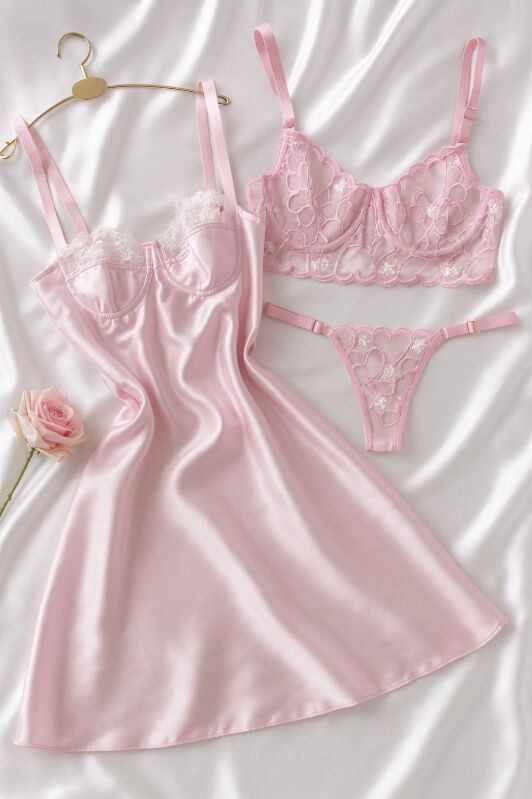 Luna Charm Pink Saten Gecelik 3 Parça Gecelik ve Bralet seti 6953 - 1
