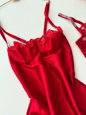 Luna Charm Red 3 Parça Gecelik ve Bralet seti 6878 - ÇeyizeDairHerşey (1)