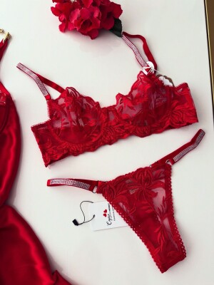 Luna Charm Red 3 Parça Gecelik ve Bralet seti 6878 - 3
