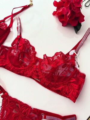 Luna Charm Red 3 Parça Gecelik ve Bralet seti 6878 - 4