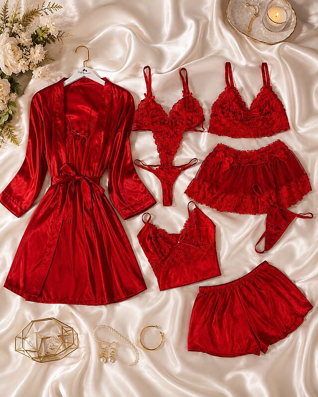 Luxury Bridal 8 Parça Saten Gecelik Çeyiz Sabahlık Takımı - 1