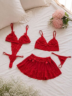 Luxury Rouge 4 Parça Dantel Etekli İç Giyim Takımı - ÇeyizeDairHerşey (1)