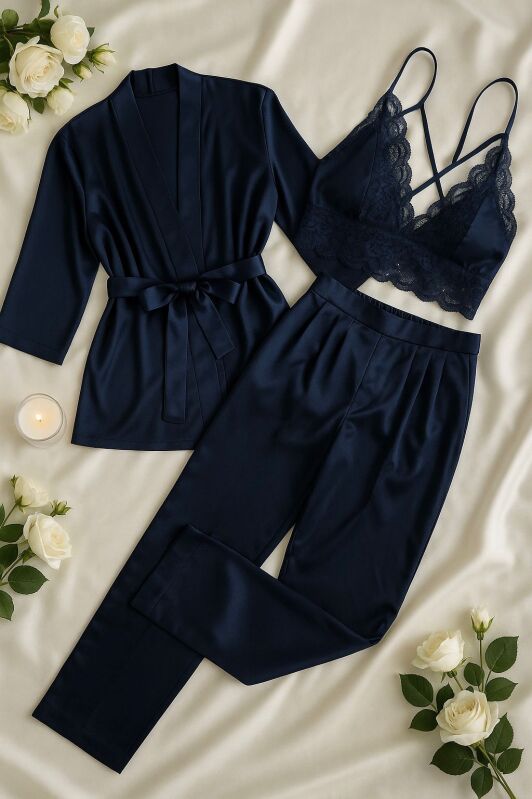 Midnight Glow Şık lacivert Saten Dantel Pijama 6942 - 1