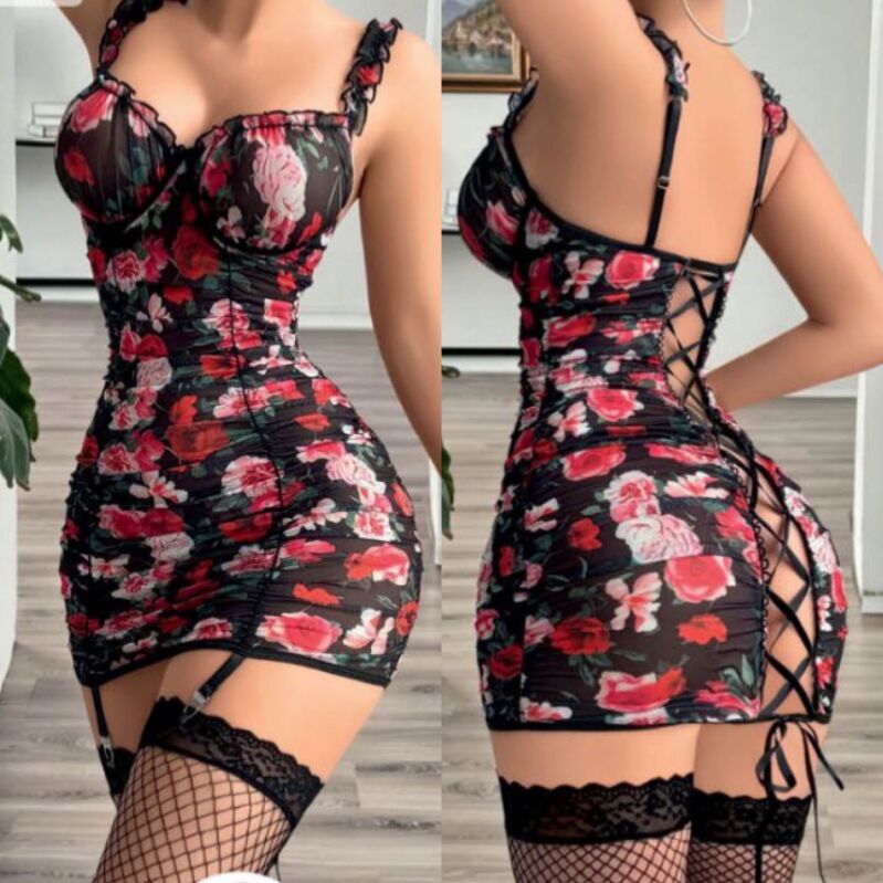 Midnight Rose Gül Desenli Gecelik – File Çorap Hediyeli - 1