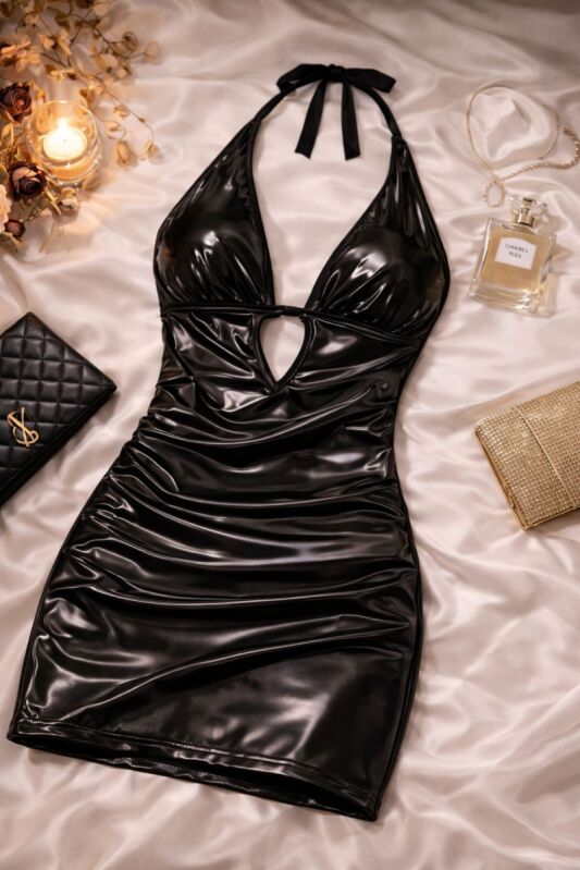 Noctelle Halter Siyah Parlak Mini Elbise 7127 - 1