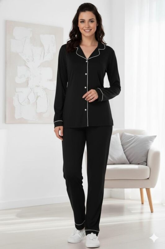 Midnight Ease – Pamuklu Penye Siyah Biyeli Pijama Takımı 7048 - 1
