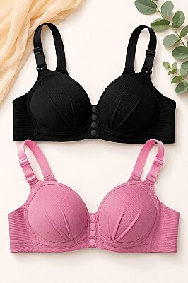1 Alana 1 Bedava Önden Çıtçıtlı Lazer Kesim Dikişsiz Sütyen Siyah ve Lila - ÇeyizeDairHerşey
