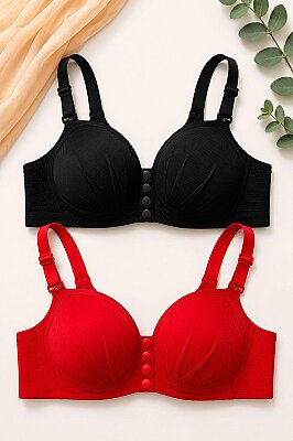 1 Alana 1 Bedava Önden Çıtçıtlı Lazer Kesim Dikişsiz Sütyen Kırmızı ve Siyah - ÇeyizeDairHerşey