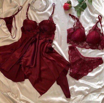 Passion Bordo Saten 4 lü gecelik seti 7003 - ÇeyizeDairHerşey