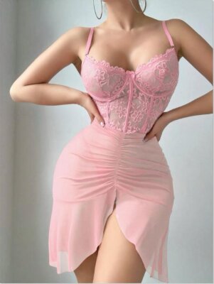 Pembe Dantel Detaylı Transparan Gecelik (Tanga Hediyeli) 