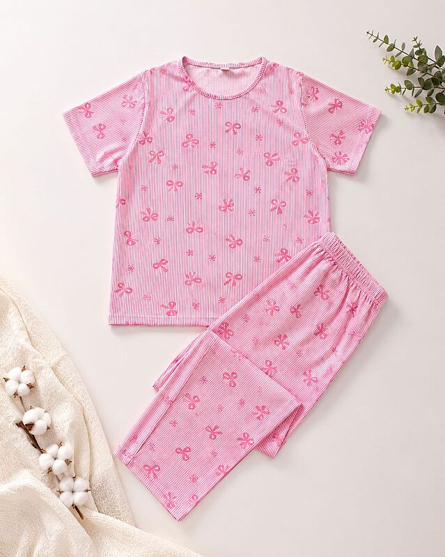 Pembe Fiyonk Desenli Kadın Pijama Takımı - 2