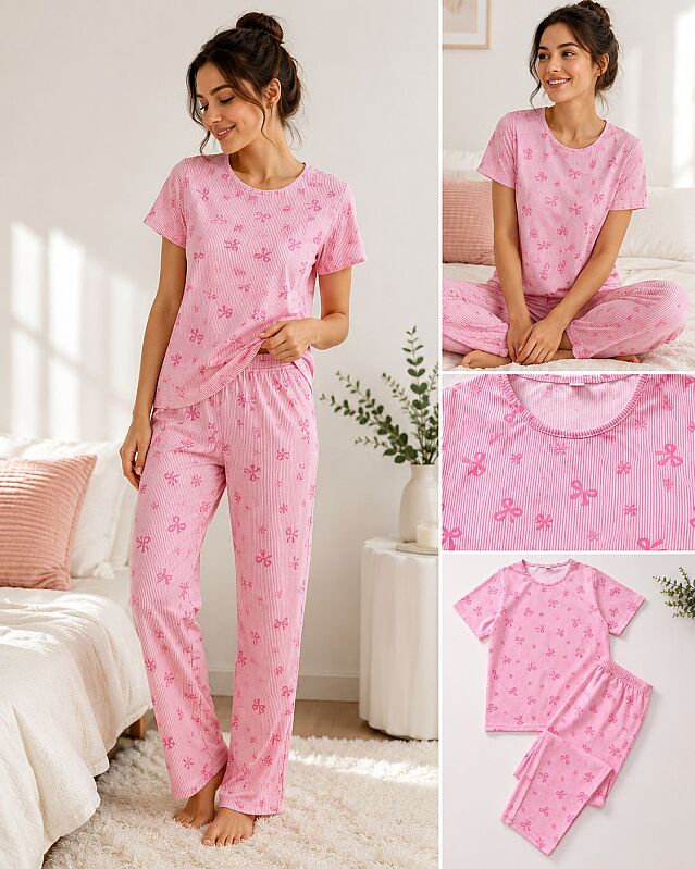 Pembe Fiyonk Desenli Kadın Pijama Takımı - 1