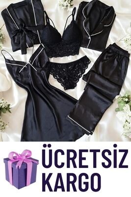 Perla nera ipek saten siyah 6 parça pijama gecelik gelin seti 6771 - ÇeyizeDairHerşey