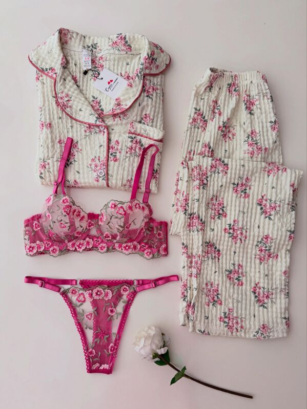Pink Flowers Set Önden Dügmeli Pijama Sütyen Kombin Bürümcük Kumaş 6882 - 1