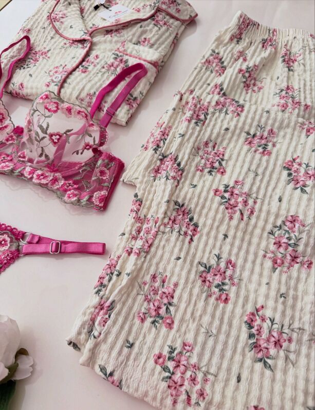 Pink Flowers Set Önden Dügmeli Pijama Sütyen Kombin Bürümcük Kumaş 6882 - 2
