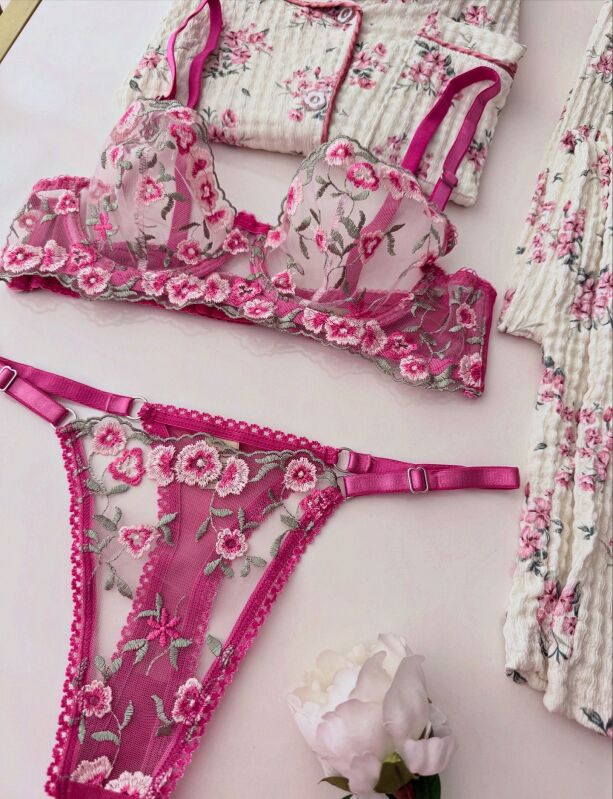 Pink Flowers Set Önden Dügmeli Pijama Sütyen Kombin Bürümcük Kumaş 6882 - 3